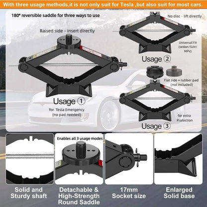 Emergency Car Jack Kit for Tesla Model Y/3/S/X, Sedan, SUV, MPV, 2.5 Ton/5512lbs Scissor Jack,180° Reversible Saddle,Tire Change Tool Kit – No Rubber Pad Needed,Car Repair Kit with Lug Wrench