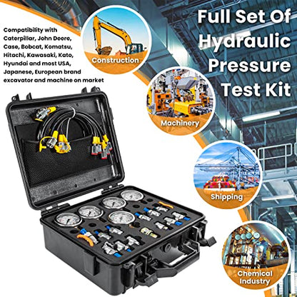 Hydraulic Pressure Test Kit with 5 Gauges 13 Test Couplings 14 Tee Connectors 5 Test Hoses for Excavator Construction Machinery 10/100/250/400/600bar 150/1500/4000/6000/9000PSI - style: 5 Gauges 27 Test Couplings
