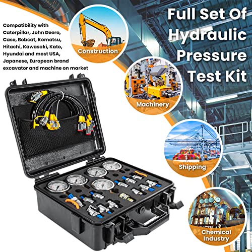 Hydraulic Pressure Test Kit with 5 Gauges 13 Test Couplings 14 Tee Connectors 5 Test Hoses for Excavator Construction Machinery 10/100/250/400/600bar 150/1500/4000/6000/9000PSI - style: 5 Gauges 27 Test Couplings