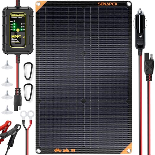 SUNAPEX MPPT 30Watt 12V Solar Car Battery Trickle Charger & Maintainer | Waterproof Flexible Solar Panel Kit | Prevents Overcharging with Smart Controller | Fits 12V Batteries for Boats, RVs & More - color: Black, size: 30W MPPT