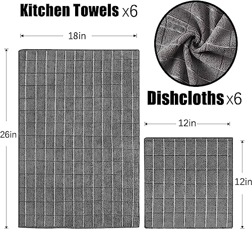 Puomue Microfiber Kitchen Towels and Dishcloths Set, 26 X 18 Inch and 12 X 12 Inch, Set of 12 Bulk Lint Free Dish Towels for Drying Dishes, Grey - color: Grey