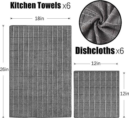 Puomue Microfiber Kitchen Towels and Dishcloths Set, 26 X 18 Inch and 12 X 12 Inch, Set of 12 Bulk Lint Free Dish Towels for Drying Dishes, Grey - color: Grey