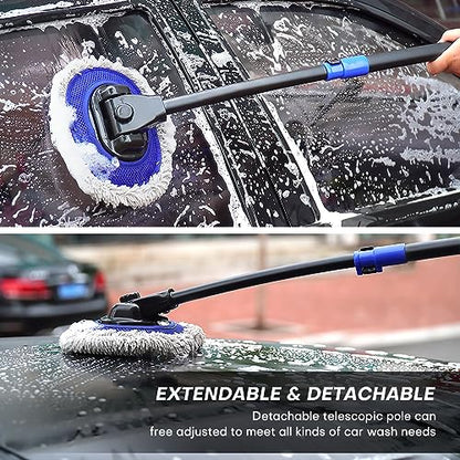 Ultimate Car Wash Brush with Long Handle | 15-Degree Curved Pole Design | Microfiber Brush Head | Adjustable Length | Wide Applications for Car, RV, Truck, Pickup | Car Wash Kit (Blue)