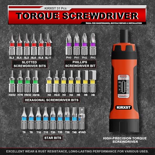 31 PCS 1/4" Drive Torque Screwdriver, 2-22 Inch Pounds Torque Screwdriver Set with S2 Bits and Socket Adapter for Maintenance, Screwdriver Set for Tools, Bike Repairing and Mounting - size: 2-22 in.-lb. S