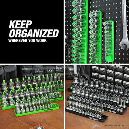 OEMTOOLS 22204 1/4" Socket Organizer (SAE), Socket Holder For Organizing Deep and Shallow Sockets, Labeled Posts, Dual Rail, Holds 1/8" to 5/8" | Dual Rail System Socket Holder, Socket Tray with Labeled Posts, Holds 1/8" to 5/8", Socket Organizer for Tool