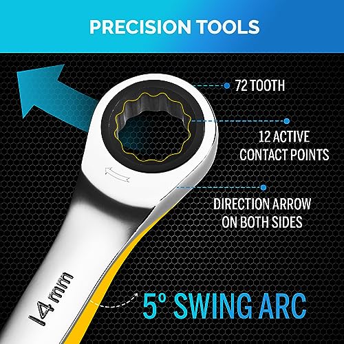 Ratcheting Wrench - Slim Profile - Ratchet Wrench, 26 Pieces Metric & Standard Wrench Set with Rack Organiser - size: 26 PIECE WITH RACK METRIC AND INCH
