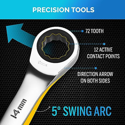 Ratcheting Wrench - Slim Profile - Ratchet Wrench, 26 Pieces Metric & Standard Wrench Set with Rack Organiser - size: 26 PIECE WITH RACK METRIC AND INCH