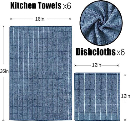 Puomue Microfiber Kitchen Towels and Dishcloths Set, 26 X 18 Inch and 12 X 12 Inch, Set of 12 Bulk Lint Free Dish Towels for Drying Dishes, Blue - color: Blue