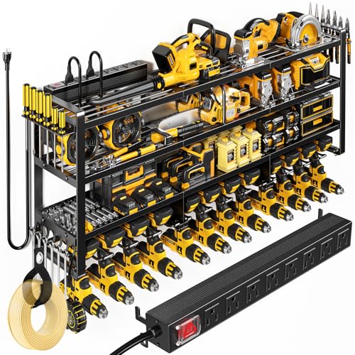 POKIPO 49.5" W Large Power Tool Organizer Wall Mount with Charging Station, 4 Tier Heavy Duty 12 Cordless Drills Holder Load 800 lb, Tool Battery Storage Rack Built in 8 Outlet Power Strip for Garage - color: Black, size: 49” W with Power Station
