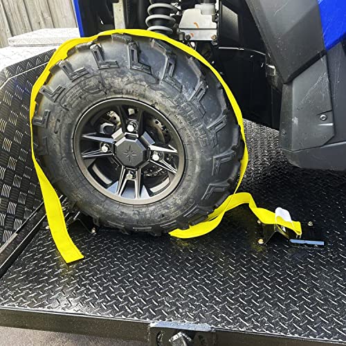 Vehicle Wheel Chock Tie Down kit 4500lb Break Strength-4 Pack 2" x9' E Track Straps-Ultimate Heavy Duty Trailer Tire Strap System for ATV,UTV,Lawn Mower | E-track ratchet straps, 8 steel chocks, bolt-on mount, ATV UTV lawn mower trailer compatible, tire s