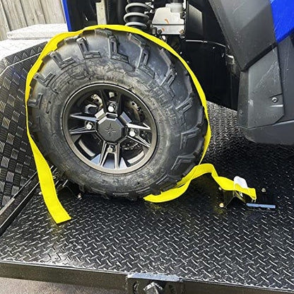 Vehicle Wheel Chock Tie Down kit 4500lb Break Strength-4 Pack 2" x9' E Track Straps-Ultimate Heavy Duty Trailer Tire Strap System for ATV,UTV,Lawn Mower | E-track ratchet straps, 8 steel chocks, bolt-on mount, ATV UTV lawn mower trailer compatible, tire s
