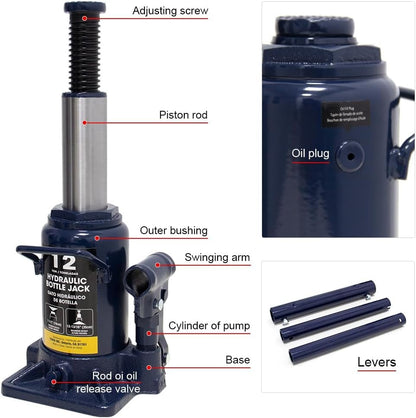 12 Ton Hydraulic Bottle Jack, 24,000 LBS Heavy Duty Steel Auto Lift with Long Handle, Leak-Free Hydraulic Pump, Portable Car Jack for Truck, SUV, RV, and Garage Repair, Blue