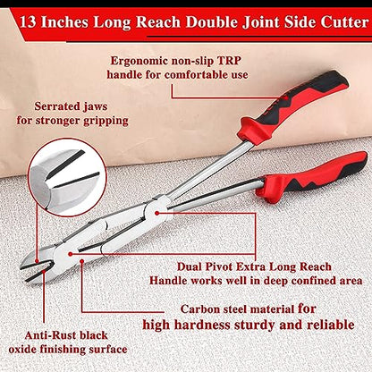 Extra Long Reach Wire Cutting Pliers Double-Joint Side Cutters | Dual Pivot Diagonal Cutters, Compound Action Cutting Pliers, for Wire, Cable Ties and Hard to Reach Narrow Spaces, X Type - style: Side Cutters