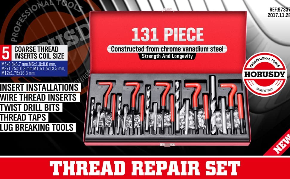 Metric Helicoil Thread Repair Kit: 131-Piece Heli Coil HSS Drills Inserts Taps & Tools M5 M6 M8 M10 M12 Automotive Engine Spark Plug Cylinder Insertion Rethreading Tools Universal Rethread Restorer - size: 131-Pc. Metric