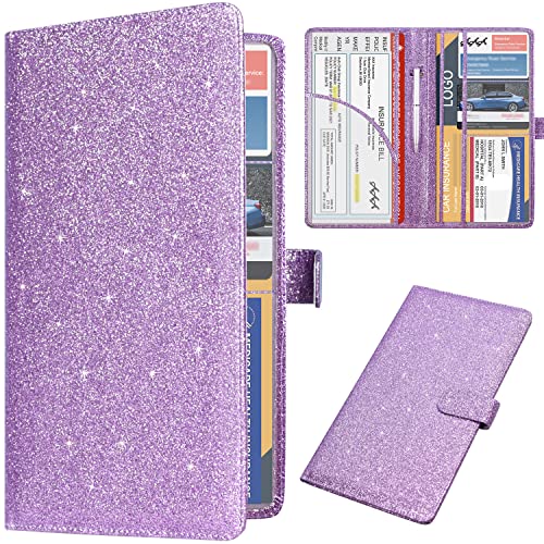 DMLuna Car Registration and Insurance Holder, Leather Vehicle Card Document Glove Box Organizer, Auto Truck Compartment Accessories for Essential Information, Driver License Cards, Glitter Purple - color: Glitter Purple, size: Magnetic Closure Style
