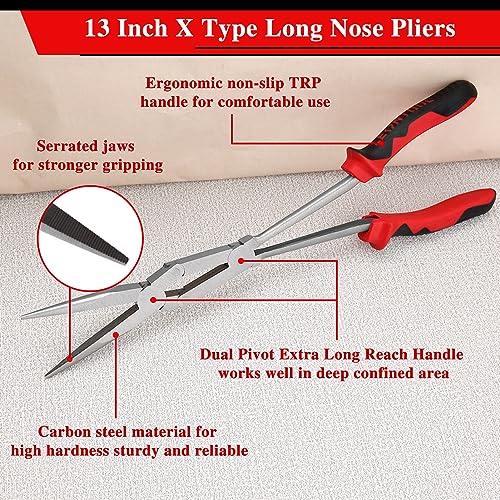 13" Extra Long Needle Nose Pliers, Serrated Jaw, Double-joint | Extended Reach, X Type Straight Long Reach Pliers, for Tight Spaces, Automotive Mechanical Repair, Long Nose Pliers - style: Long Nose