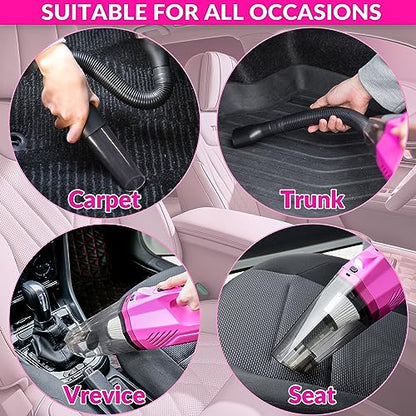 ThinkLearn Car Cleaning Kit, Car Corded Vacuum Detailing Kit Interior with High Power Handheld Vacuum, Including 7Pcs Detailing Brush Set, Windshield Cleaner, Pink Car Accessories for Women