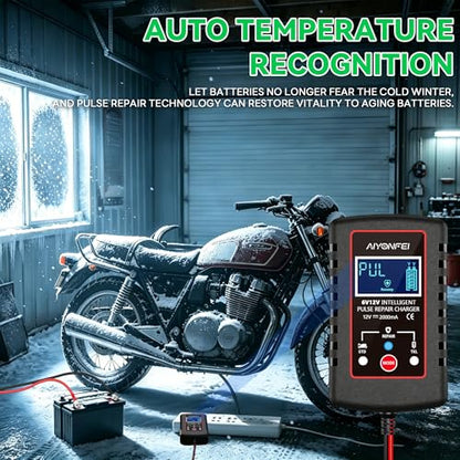 2A Battery Charger 6V/12V Smart Trickle Charger, 1 Black | Battery Maintainer, Lead Acid, Motorcycle, Car, Lawn Mower, Battery Desulfator, Temperature Compensation