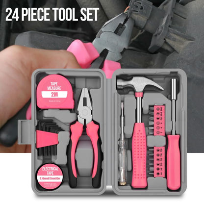 24Pcs Pink Home Repair Tool Kit for Women - Compact Mini Starter Hardware Set with Hammer, Pliers, Screwdrivers - Portable Household Hand Tools, Ideal Christmas & New Year Gift for Ladies