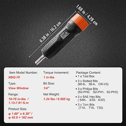 VEVOR 1/4" Drive Torque Screwdriver Wrench Set | 10-70 in-lbs Torque Adjustment Range | 1 in-lb Increment Torque Screwdriver | Driver Bits Set with View Window, 12 Bits & Case, Magnetic Function - size: Magnetic 10-70 in-lb