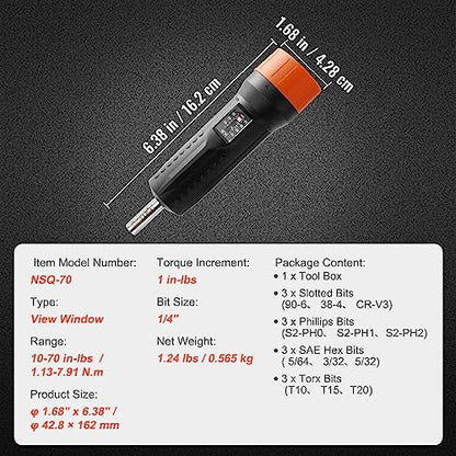 VEVOR 1/4" Drive Torque Screwdriver Wrench Set | 10-70 in-lbs Torque Adjustment Range | 1 in-lb Increment Torque Screwdriver | Driver Bits Set with View Window, 12 Bits & Case, Magnetic Function - size: Magnetic 10-70 in-lb