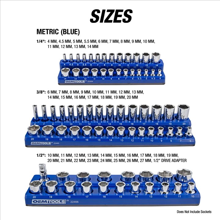 OEMTOOLS 22486 3 Piece Metric Magnetic Socket Tray Set, Magnetic Socket Organizer Holds Up to 75 Sockets in 1/4", 3/8", and 1/2" Sizes, Blue Magnetic Socket Holders - style: 3Pc Blue