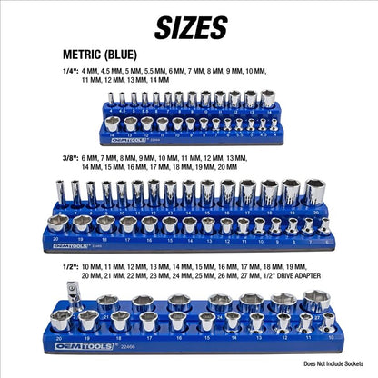 OEMTOOLS 22486 3 Piece Metric Magnetic Socket Tray Set, Magnetic Socket Organizer Holds Up to 75 Sockets in 1/4", 3/8", and 1/2" Sizes, Blue Magnetic Socket Holders - style: 3Pc Blue