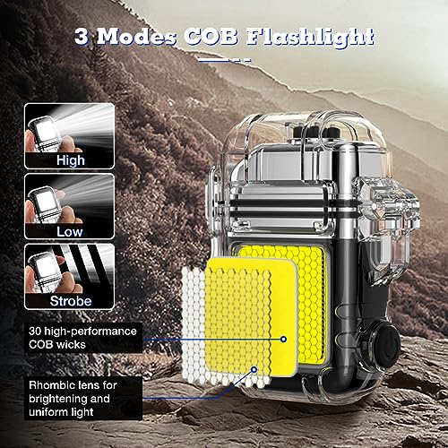 LcFun USB Rechargeable Electric Lighter, Windproof Plasma Dual Arc Lighters, Waterproof Flameless Lighter with Battery Display & Flashlight for Hiking, Camping Gear, Survival Kits - color: Black With Cob