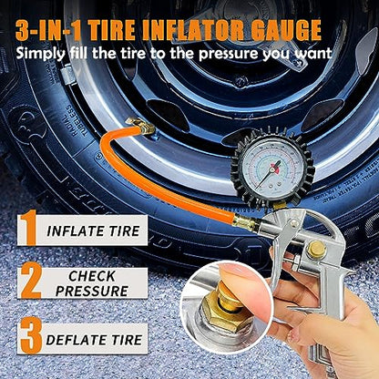 Heavy Duty Air Compressor Accessories Kit, 220PSI Rubber Hose Tire Inflator Gauge with Air Hose Fittings, 1/4" NPT Air Tool Kit with Air Dust Blowing Tool