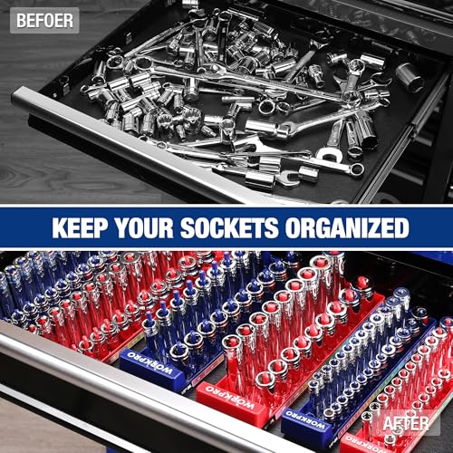 WORKPRO Socket Organizer Set, 8PC Socket Holder, 1/4", 3/8", 1/2" Drive Metric & SAE Socket Trays, Impact Socket Organizer for Tool Box Drawer, Socket Storage Holds 176 Pieces (Socket not Included) | Fits Impact Sockets, Metric & SAE Socket Trays, Holds 1