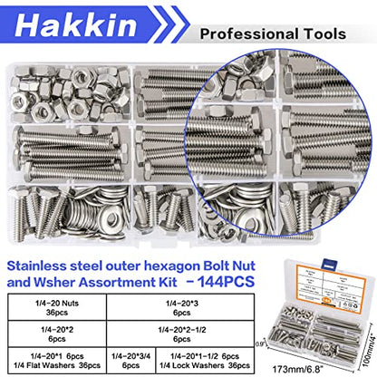 144PCS 1/4-20 Hex Bolts and Nuts Kit, Stainless Steel 1/4" Nuts and Bolts Assortment Kit, Flat & Lock Washers Set Screw Assortment Kit, Machine Screws Set - size: 144PCS 1/4-20 Hex Bolts Silver