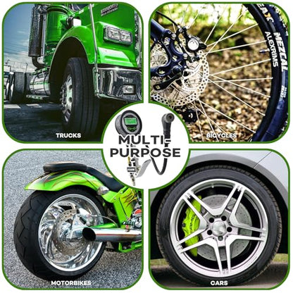 Presta Valve Air Chuck, Digital Bike Tire Inflator Gauge for Air Compressor | A bike compressor attachment for Presta & Schrader valves, tubeless setups and quick inflation with spare cores and caps.