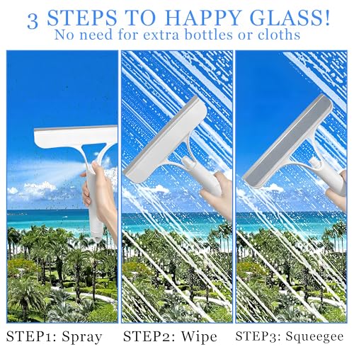 3 in 1 Window Cleaning Scraper with Spray,Glass Squeegee with Removable Hook-and-Loop Scrubbing Sponge,Mirror Cleaner Tool for Home,Car Windshield,Shower Glass,Easy Scrubbing & Streak-Free Cleaning