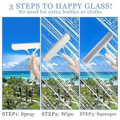 3 in 1 Window Cleaning Scraper with Spray,Glass Squeegee with Removable Hook-and-Loop Scrubbing Sponge,Mirror Cleaner Tool for Home,Car Windshield,Shower Glass,Easy Scrubbing & Streak-Free Cleaning
