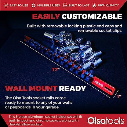 Olsa Tools 3-Pc Set Aluminum Socket Organizer | Locking End Caps | 1/4-Inch, 3/8-Inch, 1/2-Inch Drive Socket Holders with 24, 18, 16 Clips Each (Red) - color: Red, size: 3pc, 1/4, 3/8, & 1/2-Inch Drive