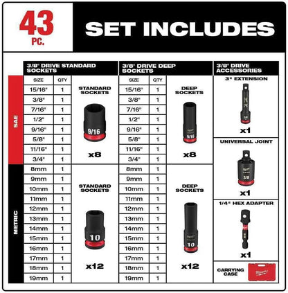 Milwaukee 43PC Shockwave Impact Duty 3/8" Drive SAE & Metric Deep 6 Point Socket Set with Accessories