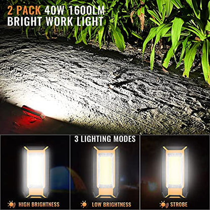 Favorlite 2-Pack Rechargeable LED Work Light, 1600LM Magnetic Portable | Phone Charging, 12-Hr Battery, Waterproof, Car Repair, Camping, Garage & Emergency Use