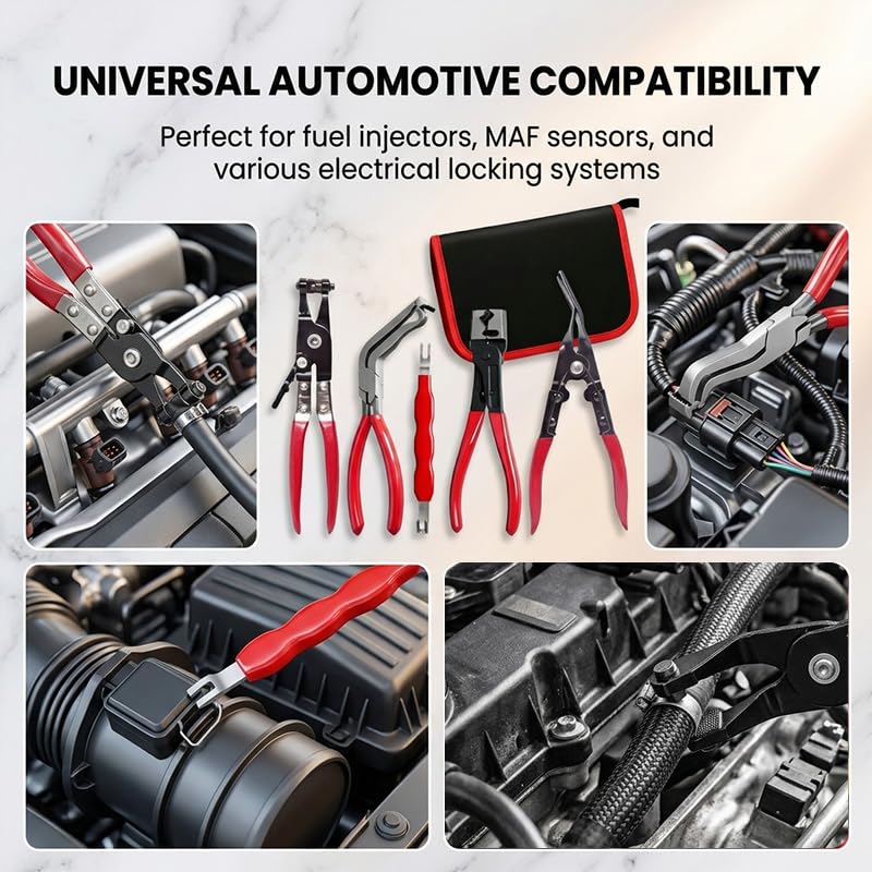 5PCS Automotive Electrical Disconnect Pliers Kit, Connector & Terminal Removal Tool Set with Hose Clamp Pliers, Trim Clip Remover for Car Fuel Line, Sensor & Wiring Harness (Red 1Set) - color: Red 1set