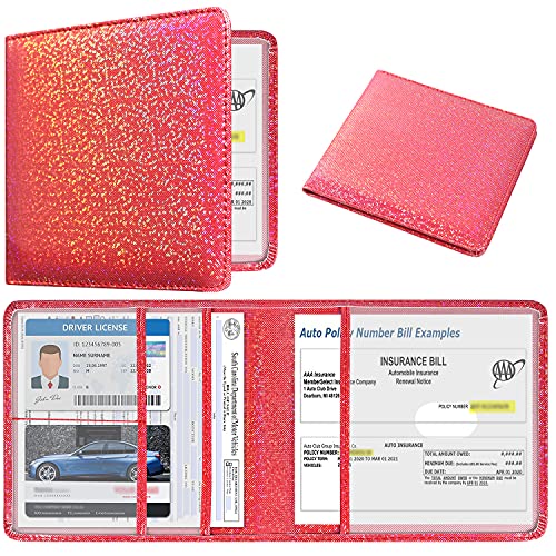 DMLuna Car Registration and Insurance Holder, Folio Leather Vehicle Card Document Glove Box Organizer, Auto Truck Compartment Accessories for Essential Information, Driver License Cards, Red Glitter - color: Red Star, size: Folio Style