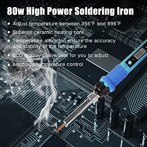 LDK 80W Soldering Iron Kit, LCD Digital Soldering Welding Tool with Ceramic Heater Stable Temperature for DIY and Professional Use - color: Digital 80w Blue