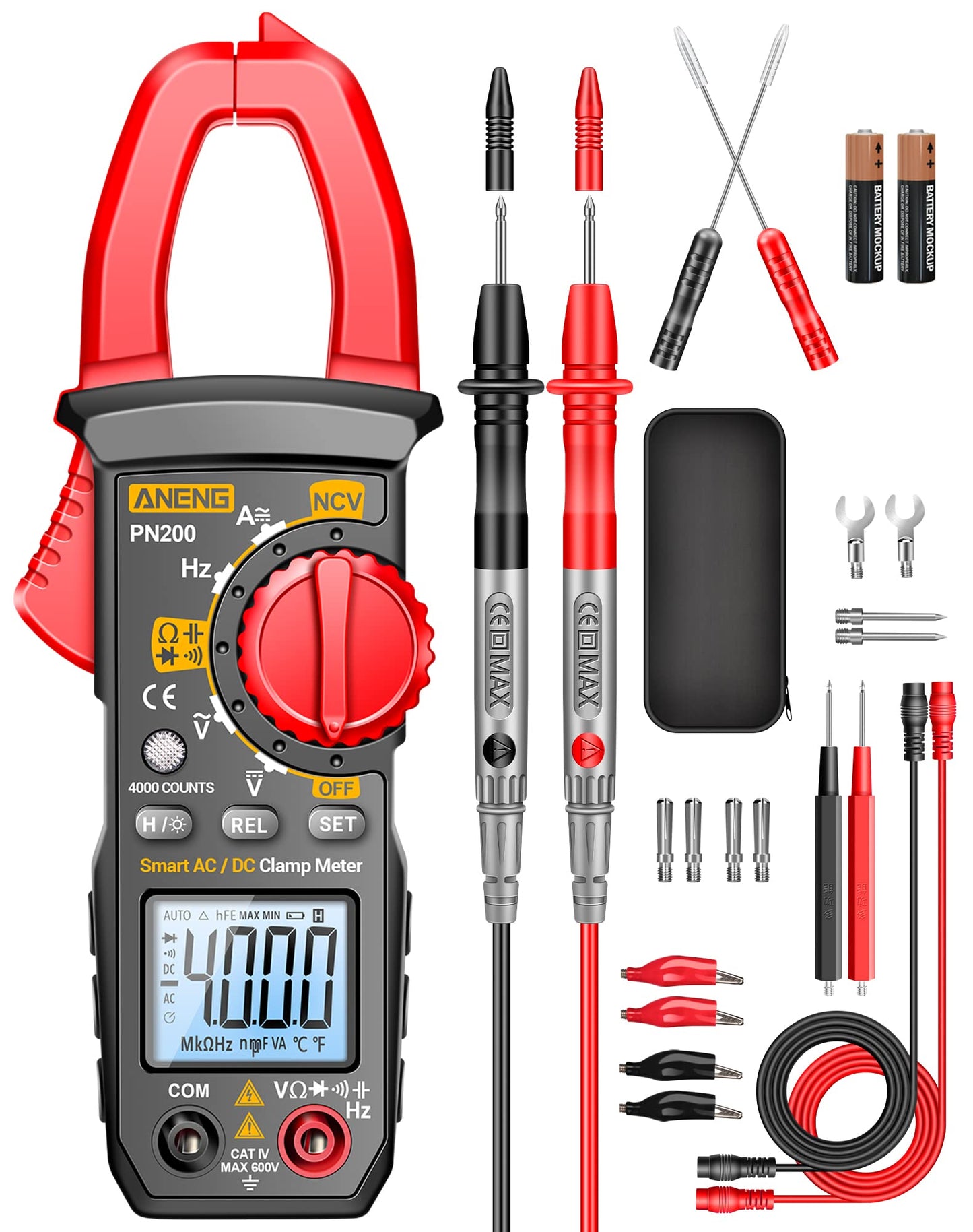 ANENG Digital Clamp Meter Multimeter Tester with AC/DC Current,Voltage, NCV Amp Ohm Volt 4000 Counts Meter Measures Capacitance, Resistance, Diodes, Continuity Frequency Backlight Electrican Tools - style: 4000 Counts AC/DC Current