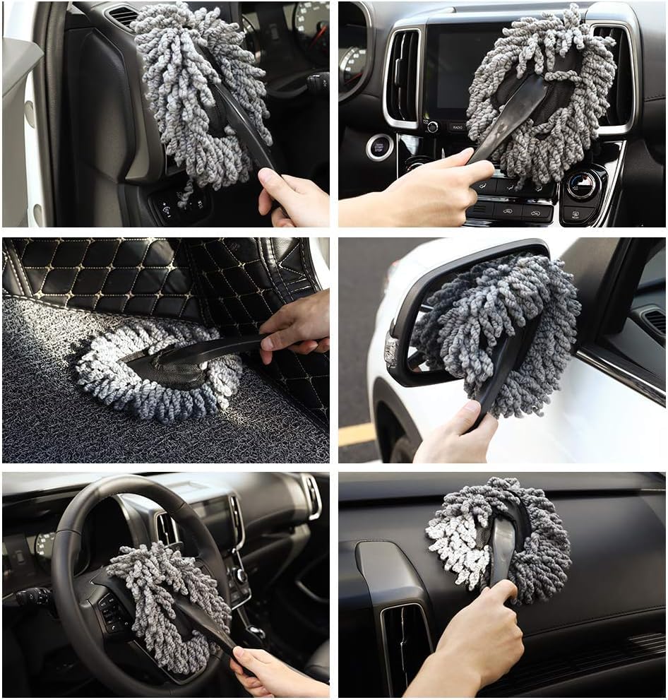 Car Duster, 2 Pack Super Soft Microfiber Dash Duster Detail Brush Set Interior Exterior Cleaning Dusting and Washing Tool for Cars, Trucks, SUVs & RV - Gray