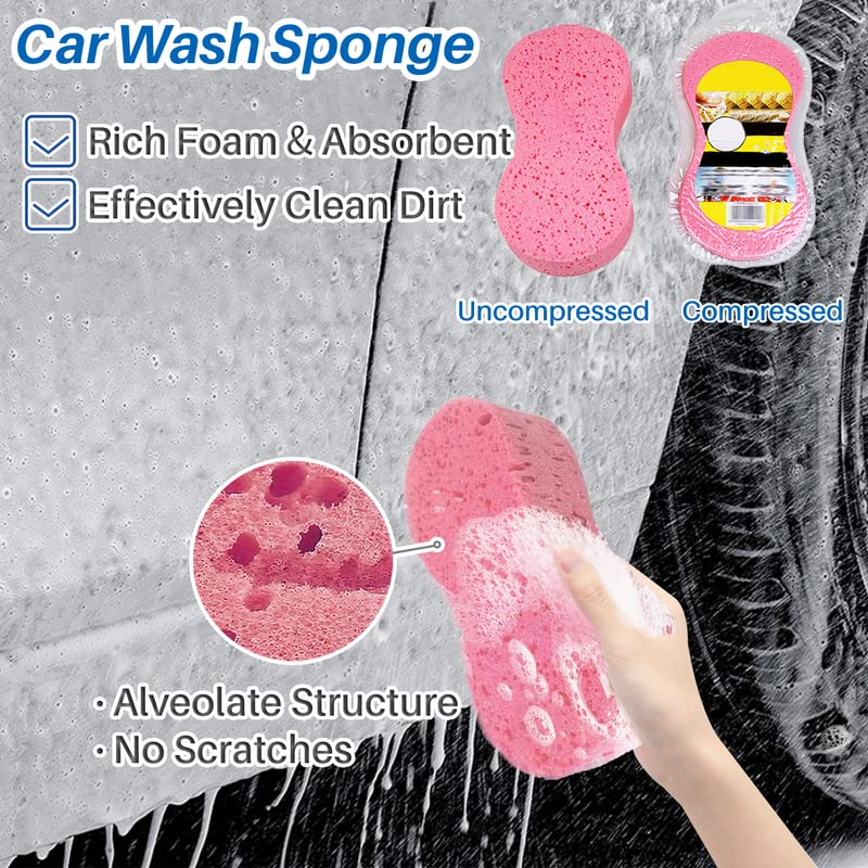 3 Pcs Pink Wash Sponge Microfiber Polishing Towel Exterior Car Cleaning Tools Wash Mitt Lint Free Accessories Set for Car Detailing - color: Pink