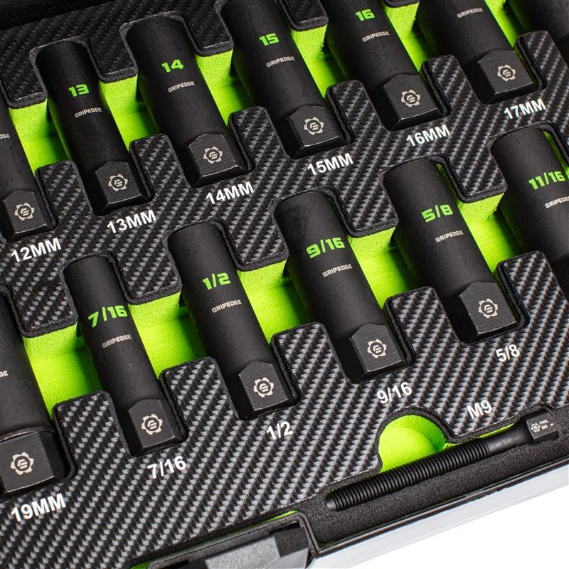 GripEdge | 32-PC 1/4" & 3/8" Drive Deep Metric & SAE Master Socket Extractor Set| Includes sizes - 4-19mm & 3/16-3/4" | Includes Premium Plastic Case With Foam Insert |