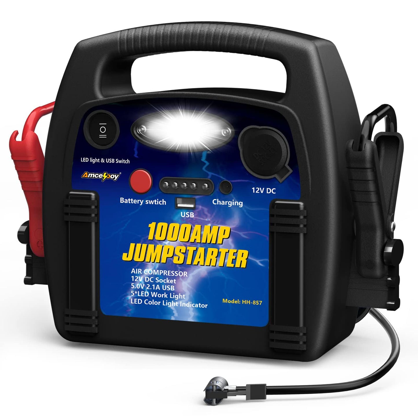 1000 Amp Peak Car Battery Jump Starter with Air Compressor, 12V Lead Acid Battey Jump Box with 260PSI Tire Inflator, 12000 MAh Power Station Jump Starter, DC Outlet USB Port, LED Light - color: Black