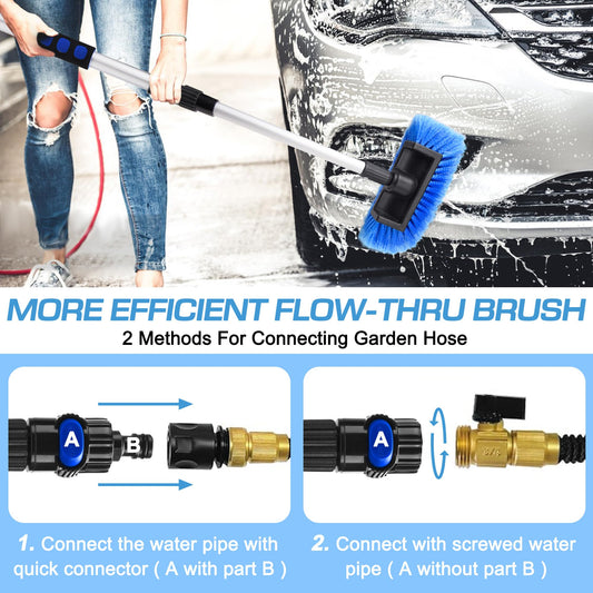 Lezcufer 65" Car Wash Brush with Long Handle, Car Wash Mop, Flow-Thru Soft Bristle Car Washing Brush with Extendable Handle and Hose Attachment for Car, SUV, Truck,RV, Boat